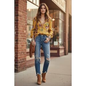 New Free People ANTIK BATIK Ossie Blouse XS / 36 $343 Yellow Floral Pintucked